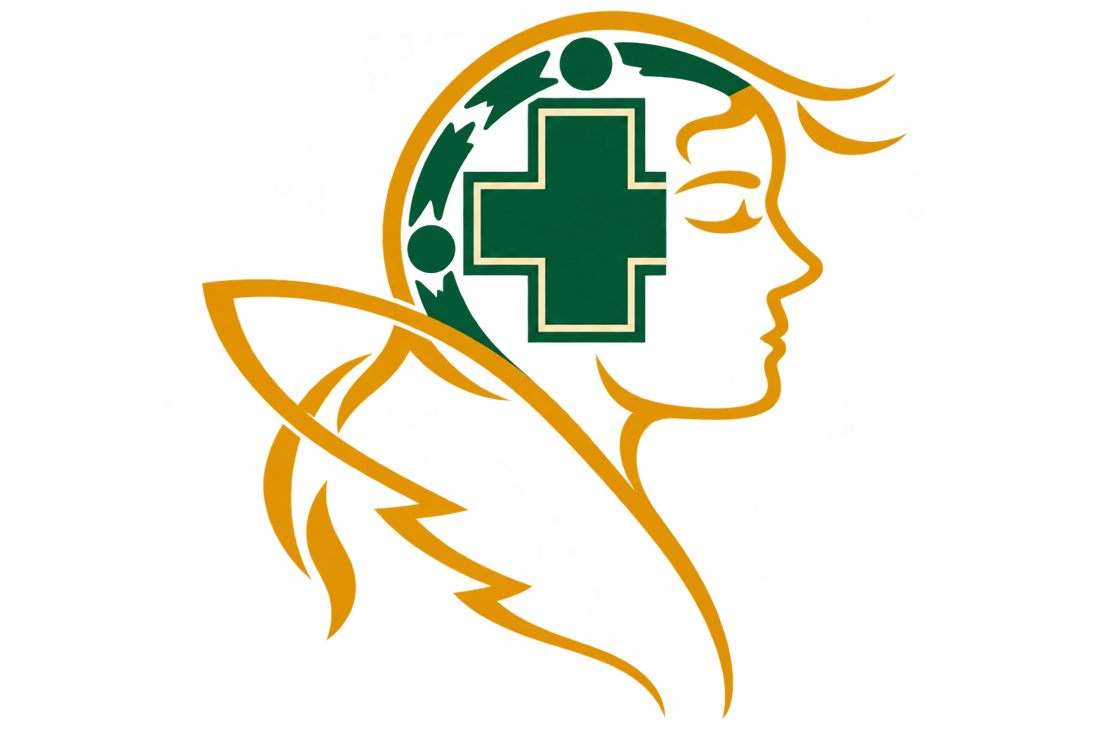 Perfil de mujer con la cruz verde de Comandos de Salvamento, versión para fondo oscuro.