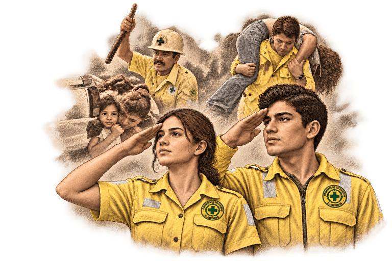 Voluntarios de Comandos de Salvamento saludando, con el emblema institucional en sus camisas y escenas de rescate al fondo.